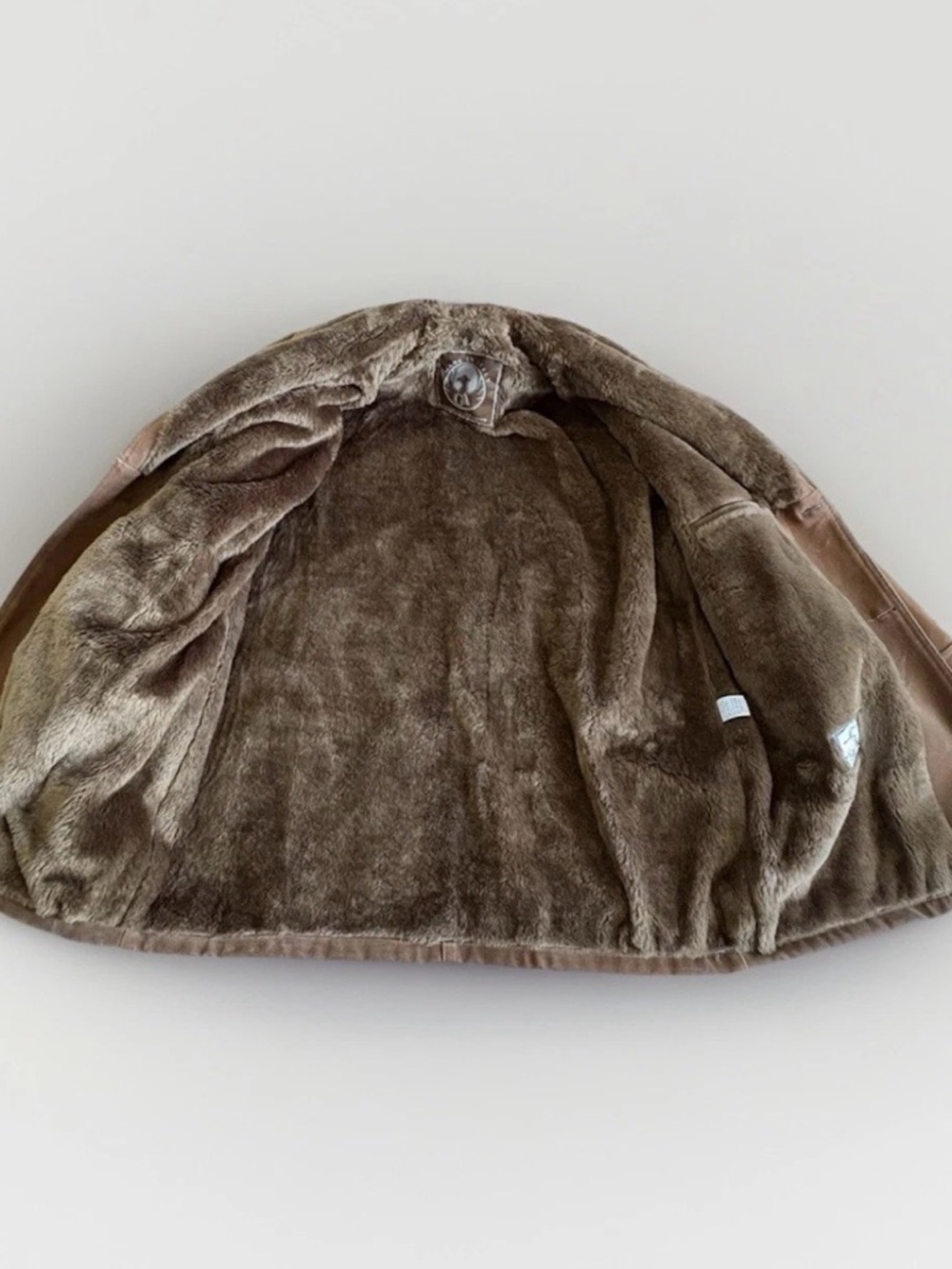 T. Shearling Men’s XL Brown Overcoat Button Shawl Collar Lined Pockets Mid - Picture 9 of 9